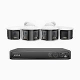 FDH800 - Kit de surveillance PoE 8MP à 8 canaux avec 4 caméras, double objectif, ultra grand angle 180°, vision nocturne intelligente à double éclairage, audio bidirectionnel, sirène et alarme actives, détection humaine et de véhicules, IP67