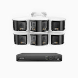 FDH800 - Kit de surveillance PoE 8MP à 8 canaux avec 6 caméras, double objectif, ultra grand angle 180°, vision nocturne intelligente à double éclairage, audio bidirectionnel, sirène et alarme actives, détection humaine et de véhicules, IP67