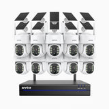 WBS400 - Kit vidéo surveillance sans fil 4MP à 16 canaux avec 10 caméras, WiFi bi-bande, détection de mouvement, audio bidirectionnel, alimenté par batterie et énergie solaire, 270° Pan & 90° Tilt, compatible avec Alexa.