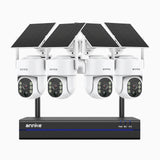 WBS400 - Kit vidéo surveillance sans fil 4MP à 8 canaux avec 4 caméras, WiFi bi-bande, détection de mouvement, audio bidirectionnel, alimenté par batterie et énergie solaire, 270° Pan & 90° Tilt, compatible avec Alexa.