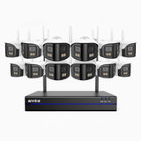 WSCD400P - Kit vidéo surveillance sans fil 4MP à 16 canaux avec 12 caméras double objectif, angle 170°, WiFi bi-bande 2,4/5 GHz, vision nocturne en couleur, détection de mouvement, audio bidirectionnel, compatible avec Alexa