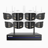 WSCD400P - Kit vidéo surveillance sans fil 4MP à 8 canaux avec 8 caméras double objectif, angle 170°, WiFi bi-bande 2,4/5 GHz, vision nocturne en couleur, détection de mouvement, audio bidirectionnel, compatible avec Alexa