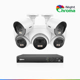 NightChroma<sup>TM</sup> NCK500 - Kit de surveillance PoE 3K à 8 canaux avec 2 caméras bullet et 3 caméras tourelle, vision nocturne polychrome, f/1.0 Super ouverture (0,001 Lux), Alignement actif, Microphone intégré, Fente pour carte SD