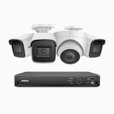 H800 - Kit de surveillance PoE 4K à 8 canaux avec 3 caméras bullet et 1 caméra tourelle, vision nocturne en couleur et infrarouge, Détection Personne-Véhicule, Microphone intégré, Champ de vision de 96°, RTSP et ONVIF pris en charge