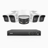 HDCK680 - Kit de surveillance PoE à 8 canaux avec 4*4K caméras et 1*6MP double objectif caméras (ultra grand angle 180°), Détection Personne-Véhicule, Microphone intégré