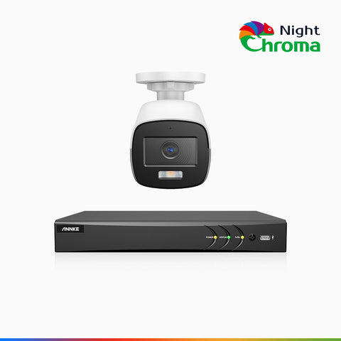 NightChroma<sup>TM</sup>  NAK500 - Kit de sécurité extérieure TVI 3K à 8 canaux avec 1 caméra, vision nocturne couleur Acme, Résolution de 2960 × 1665, Ouverture f/1.0 (0,001 lux), Microphone intégré, IP67, Version améliorée