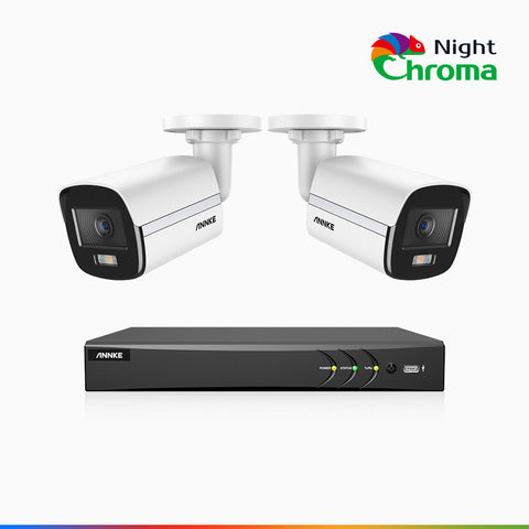 NightChroma<sup>TM</sup>  NAK500 - Kit de sécurité extérieure TVI 3K à 8 canaux avec 2 caméras, vision nocturne couleur Acme, Résolution de 2960 × 1665, Ouverture f/1.0 (0,001 lux), Microphone intégré, IP67, Version améliorée
