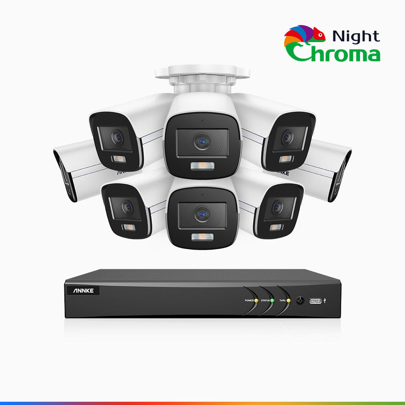 NightChroma<sup>TM</sup>  NAK500 - Kit de sécurité extérieure TVI 3K à 8 canaux avec 8 caméras, vision nocturne couleur Acme, Résolution de 2960 × 1665, Ouverture f/1.0 (0,001 lux), Microphone intégré, IP67, Version améliorée