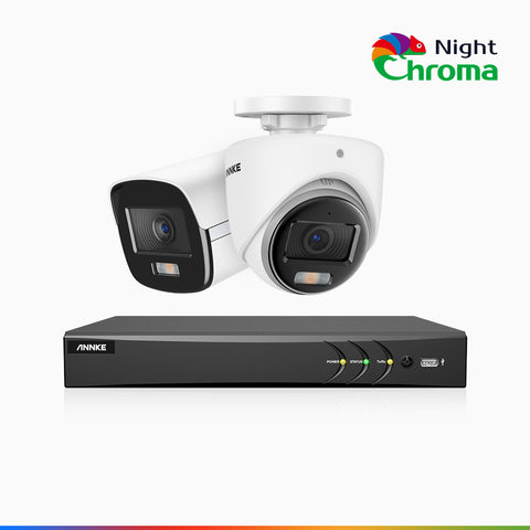 NightChroma<sup>TM</sup>  NAK500 - Kit de sécurité extérieure TVI 3K à 8 canaux avec 1 caméra bullet et 1 caméra tourelle, vision nocturne couleur Acme, Résolution de 2960 × 1665, Ouverture f/1.0 (0,001 lux), Microphone intégré, IP67, Version améliorée