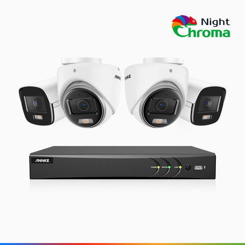 NightChroma<sup>TM</sup>  NAK500 - Kit de sécurité extérieure TVI 3K à 8 canaux avec 2 caméras bullet et 2 caméras tourelle, vision nocturne couleur Acme, Résolution de 2960 × 1665, Ouverture f/1.0 (0,001 lux), Microphone intégré, IP67, Version améliorée