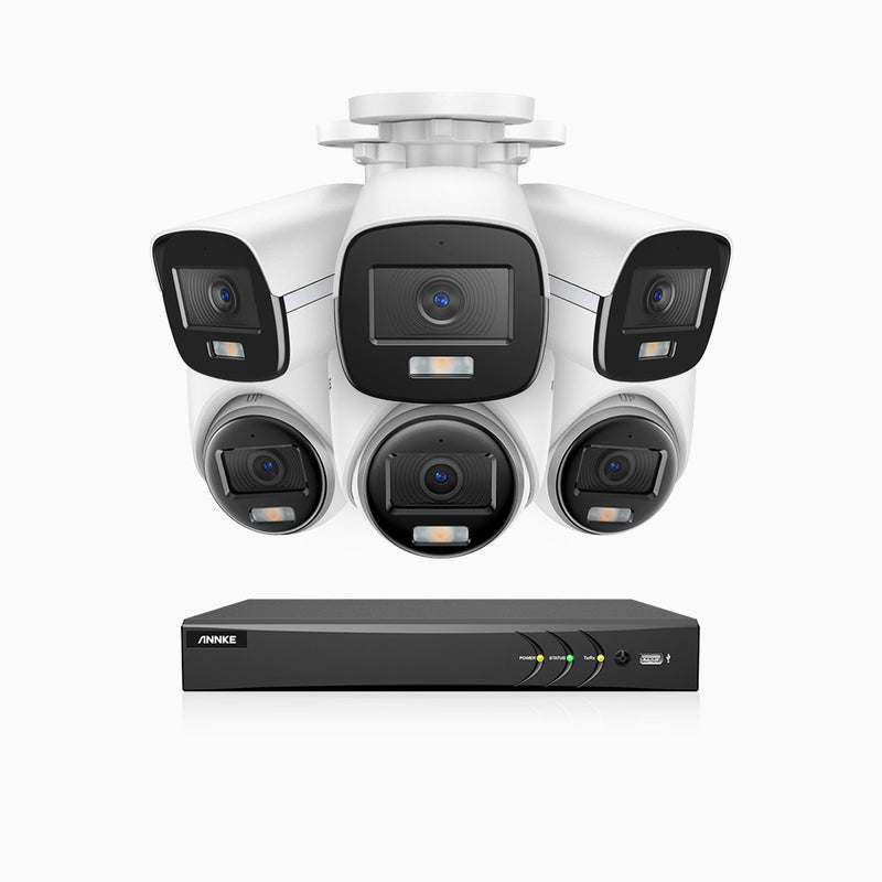 NightChroma<sup>TM</sup>  NAK500 - Kit de sécurité extérieure TVI 3K à 8 canaux avec 3 caméras bullet et 3 caméras tourelle, vision nocturne couleur Acme, Résolution de 2960 × 1665, Ouverture f/1.0 (0,001 lux), Microphone intégré, IP67, Version améliorée