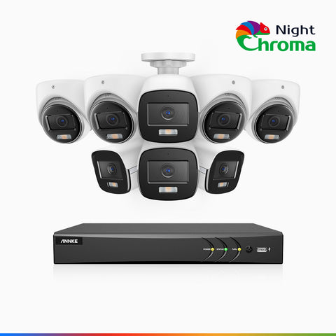 NightChroma<sup>TM</sup>  NAK500 - Kit de sécurité extérieure TVI 3K à 8 canaux avec 4 caméras bullet et 4 caméras tourelle, vision nocturne couleur Acme, Résolution de 2960 × 1665, Ouverture f/1.0 (0,001 lux), Microphone intégré, IP67, Version améliorée