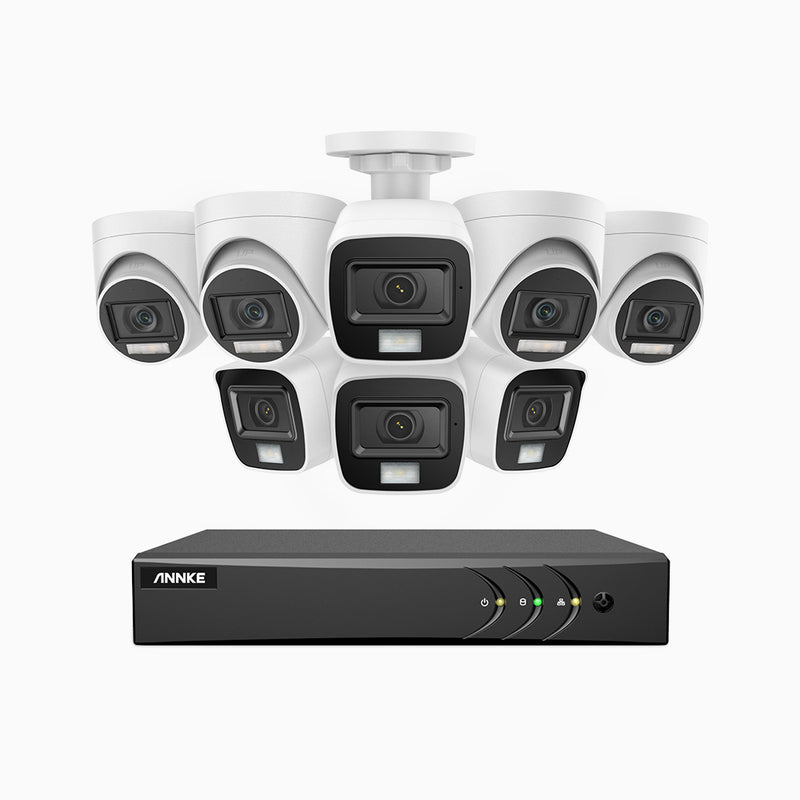 ADLK500 - Kit de surveillance filaire 3K à 16 canaux avec 4 caméras bullet et 4 caméras tourelle, f/1.2 Super Ouverture, signal de sortie 4-en-1, microphone intégré, IP67 résistant aux intempéries