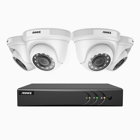 E200 - Kit de surveillance filaire 1080p à 8 canaux avec 4 caméras, avec disque dur de 1 To, H.265+ Smart DVR avec détection humaine et véhicule, vision nocturne Infrarouge 30m, Certifiée Reconditionnés