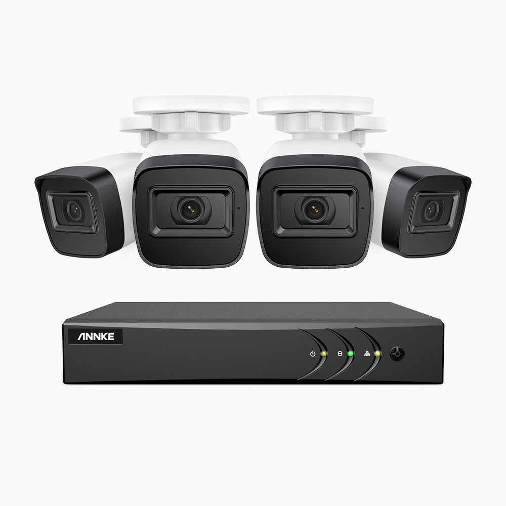 EL200 - Kit de surveillance filaire 1080p à 8 canaux avec 4 caméras, DVR intelligent avec détection humaine et véhicule, vision nocturne infrarouge de 66 pieds, signal de sortie 4-en-1, IP67