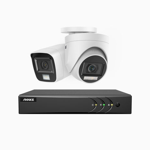 ADLK200 - Kit de surveillance filaire 1080p à 8 canaux avec 1 caméras bullet et 1 caméras tourelle, Vision Nocturne à deux Lumières, signal de sortie 4 en 1, microphone intégré, résistante aux intempéries IP67