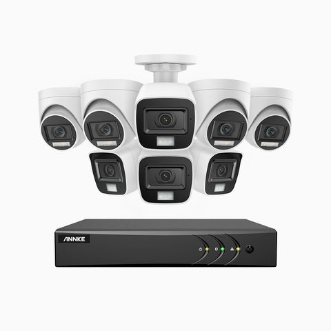 ADLK200 - Kit de surveillance filaire 1080p à 8 canaux avec 4 caméras bullet et 4 caméras tourelle, Vision Nocturne à deux Lumières, signal de sortie 4 en 1, microphone intégré, résistante aux intempéries IP67