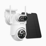 WB400P - Caméra de surveillance extérieure sans fil 4MP à double objectif, 100 % sans fil, batterie 9000 mAh & alimentation solaire, rotation 350° et inclinaison 90°, détection humaine PIR, audio bidirectionnel