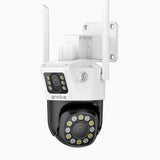 WCD600 – Caméra de Surveillance extérieure WiFi sans fil 6MP UHD à double objectif, gyrophare rouge & bleu avec sirène, vision nocturne intelligente à double lumière, audio bidirectionnel, 300° Pan & 90° Tilt, Max. 128 Go & Cloud, Fonctionne avec Alexa
