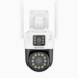 WCD600 – Caméra de Surveillance extérieure WiFi sans fil 6MP UHD à double objectif, gyrophare rouge & bleu avec sirène, vision nocturne intelligente à double lumière, audio bidirectionnel, 300° Pan & 90° Tilt, Max. 128 Go & Cloud, Fonctionne avec Alexa