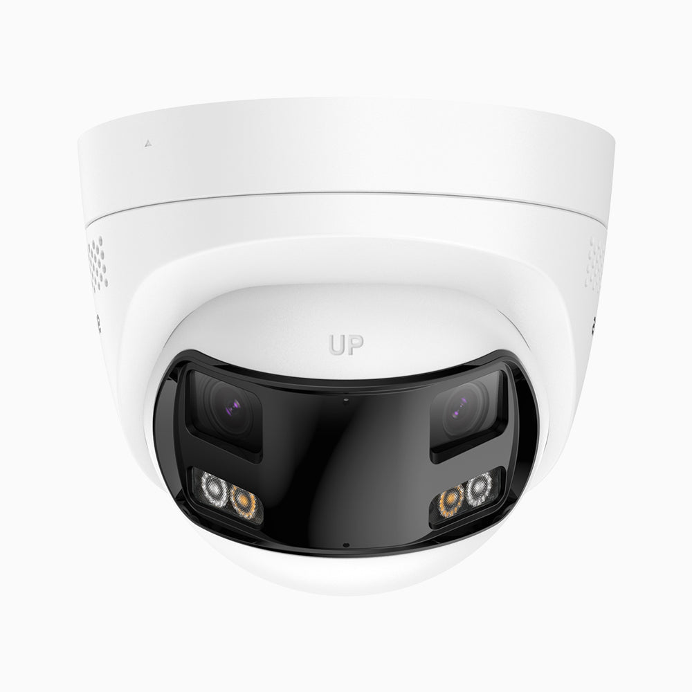FCD800 - Caméra de sécurité extérieure PoE à double objectif 8MP UHD, vue panoramique à 180°, vision nocturne intelligente à double éclairage, audio bidirectionnel, sirène et alarme actives, détection humaine et de véhicules, IP67