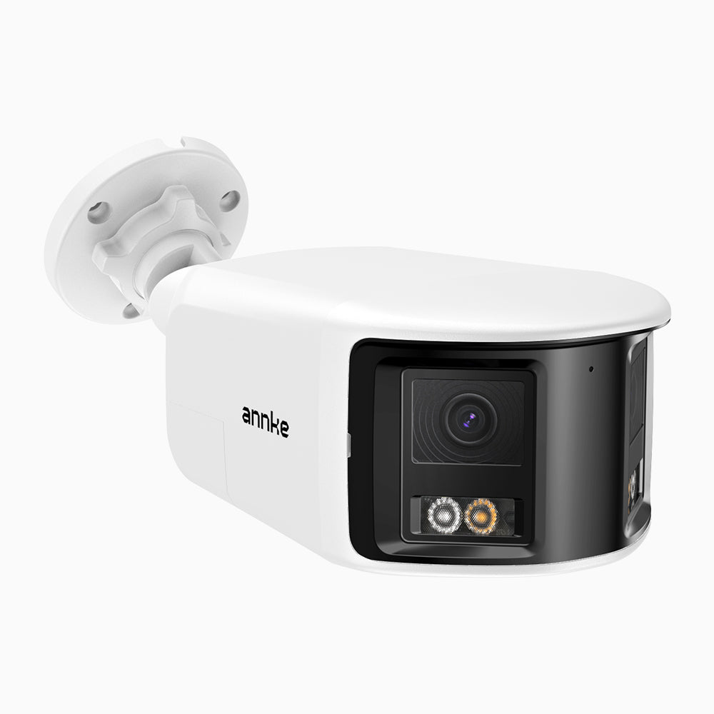 FCD800 - Caméra de sécurité extérieure PoE à double objectif 8MP UHD, vue panoramique à 180°, vision nocturne intelligente à double éclairage, audio bidirectionnel, sirène et alarme actives, détection humaine et de véhicules, IP67