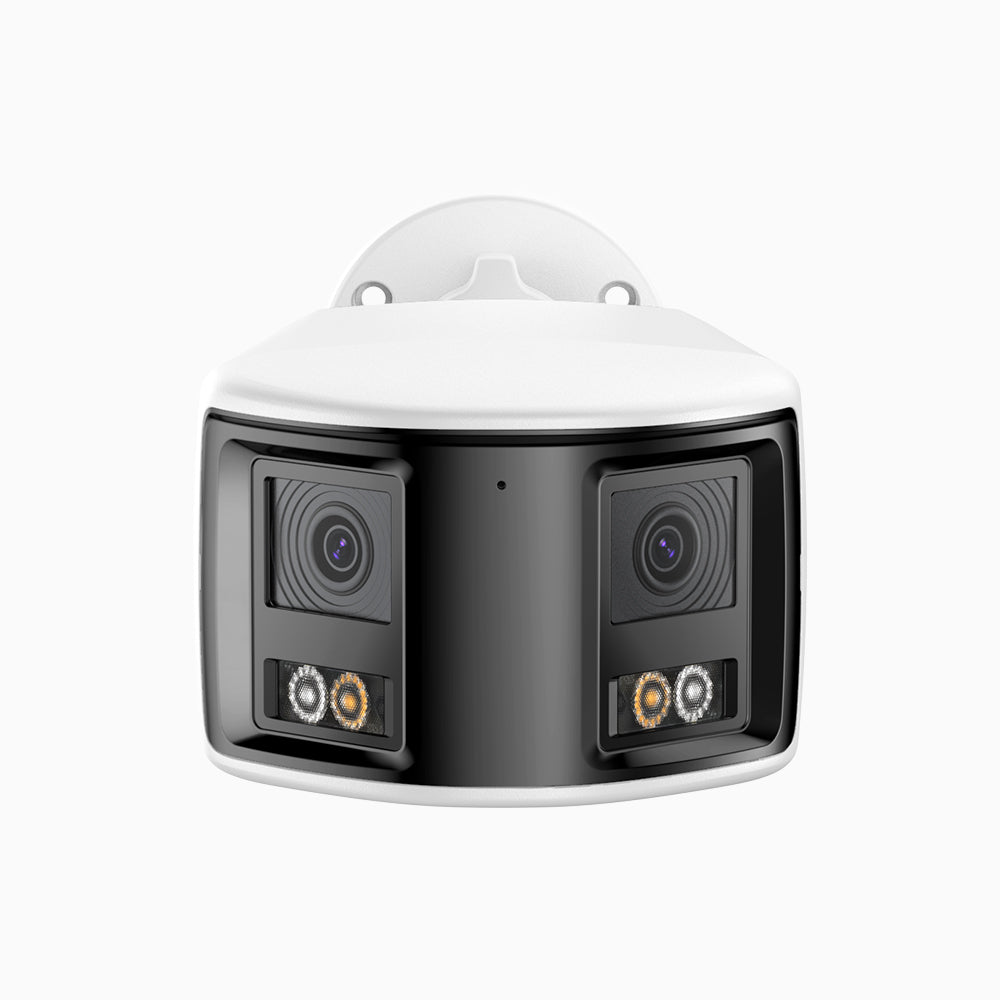 FCD800 - Caméra de sécurité extérieure PoE à double objectif 8MP UHD, vue panoramique à 180°, vision nocturne intelligente à double éclairage, audio bidirectionnel, sirène et alarme actives, détection humaine et de véhicules, IP67