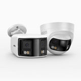FCD800 - Lot de 2 Caméra desécurité extérieure PoE 4K 8 MP à double objectif, vue panoramique à 180°, champ de vision vertical de 77°, vision nocturne intelligente à double éclairage, dissuasion active et audio bidirectionnel