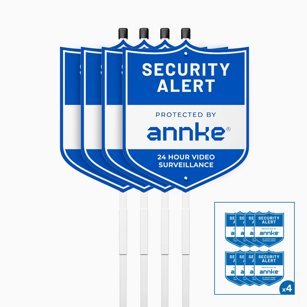 Lot de 4 ANNKE Panneau de Vidéosurveillance 10" en Aluminium Robuste, avec Piquet de Sol et 32 Autocollants, Réfléchissant et Résistant à la Décoloration, pour Maison, Jardin et Propriété