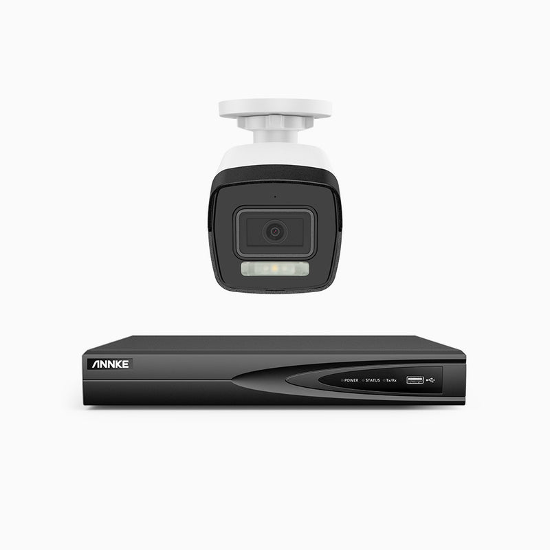 AH500 - Kit de surveillance PoE 3K à 4 canaux avec 1 caméras, vision nocturne en couleur et infrarouge, résolution 3072*1728, ouverture f/1.6 (0.005 Lux), détection humaine et véhicule, microphone intégré, IP67