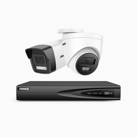 AH500 - Kit de surveillance PoE 3K à 4 canaux avec 1 caméras bullet et 1 caméras tourelle, vision nocturne en couleur et infrarouge, résolution 3072*1728, ouverture f/1.6 (0.005 Lux), détection humaine et véhicule, microphone intégré, IP67