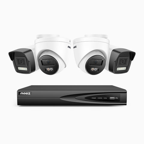 AH500 - Kit de surveillance PoE 3K à 4 canaux avec 2 caméras bullet et 2 caméras tourelle, vision nocturne en couleur et infrarouge, résolution 3072*1728, ouverture f/1.6 (0.005 Lux), détection humaine et véhicule, microphone intégré, IP67
