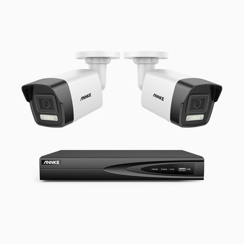 AH500 - Kit de surveillance PoE 3K à 4 canaux avec 2 caméras, vision nocturne en couleur et infrarouge, résolution 3072*1728, ouverture f/1.6 (0.005 Lux), détection humaine et véhicule, microphone intégré, IP67