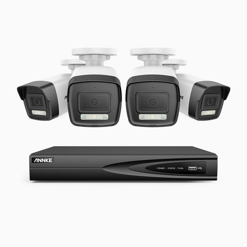 AH500 - Kit de surveillance PoE 3K à 4 canaux avec 4 caméras, vision nocturne en couleur et infrarouge, résolution 3072*1728, ouverture f/1.6 (0.005 Lux), détection humaine et véhicule, microphone intégré, IP67