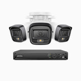 H500 - Kit de surveillance PoE 5MP à 4 canaux avec 3 caméras, Vision nocturne intelligente à double éclairage, 3072 × 1728 à 20 ips, détection intelligente des personnes et des véhicules, microphone intégré, IP67