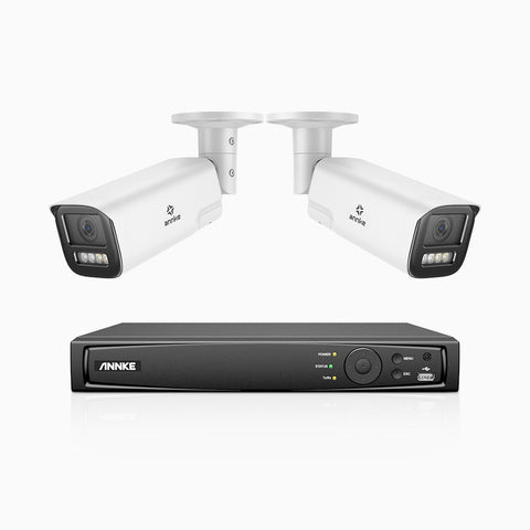 AZH800 - Kit de surveillance 4K à 4 canaux avec 2 PoE caméras, Zoom optique 4X, vision nocturne à deux lumières, détection de mouvement 2.0, Microphone intégré, sirène et alarme stroboscopique
