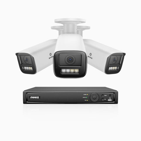 AZH800 - Kit de surveillance 4K à 4 canaux avec 3 PoE caméras, Zoom optique 4X, vision nocturne à deux lumières, détection de mouvement 2.0, Microphone intégré, sirène et alarme stroboscopique