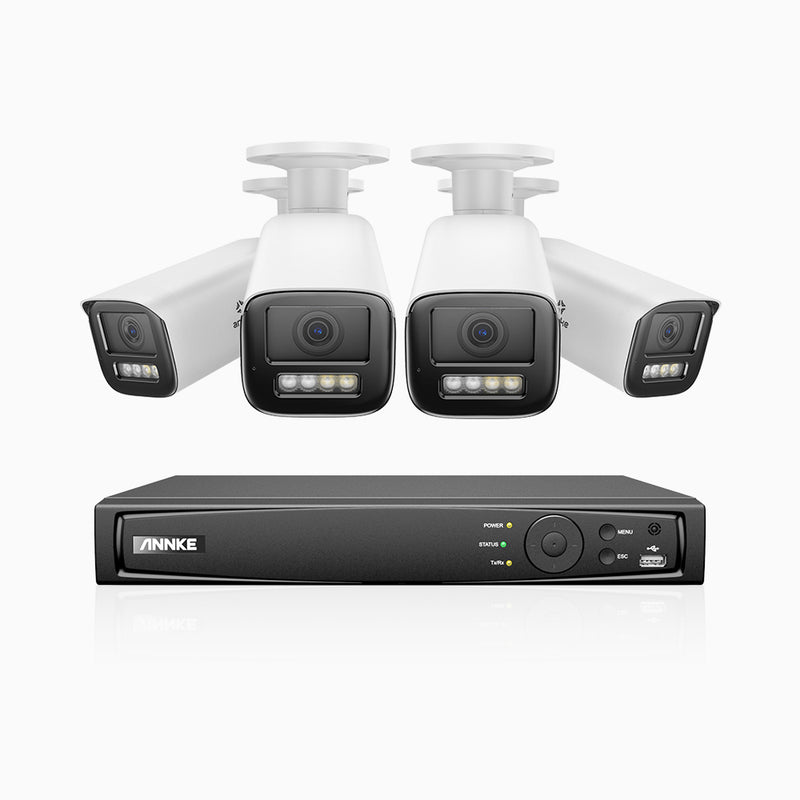 AZH800 - Kit de surveillance 4K à 4 canaux avec 4 PoE caméras, Zoom optique 4X, vision nocturne à deux lumières, détection de mouvement 2.0, Microphone intégré, sirène et alarme stroboscopique