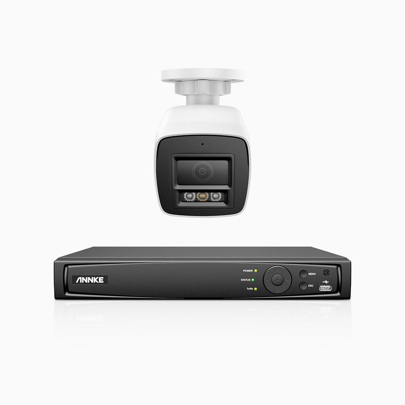 H800 - Kit de surveillance PoE 4K à 4 canaux avec 1 caméra, vision nocturne en couleur et infrarouge, Détection Personne-Véhicule, Microphone intégré, Champ de vision de 96°, RTSP et ONVIF pris en charge