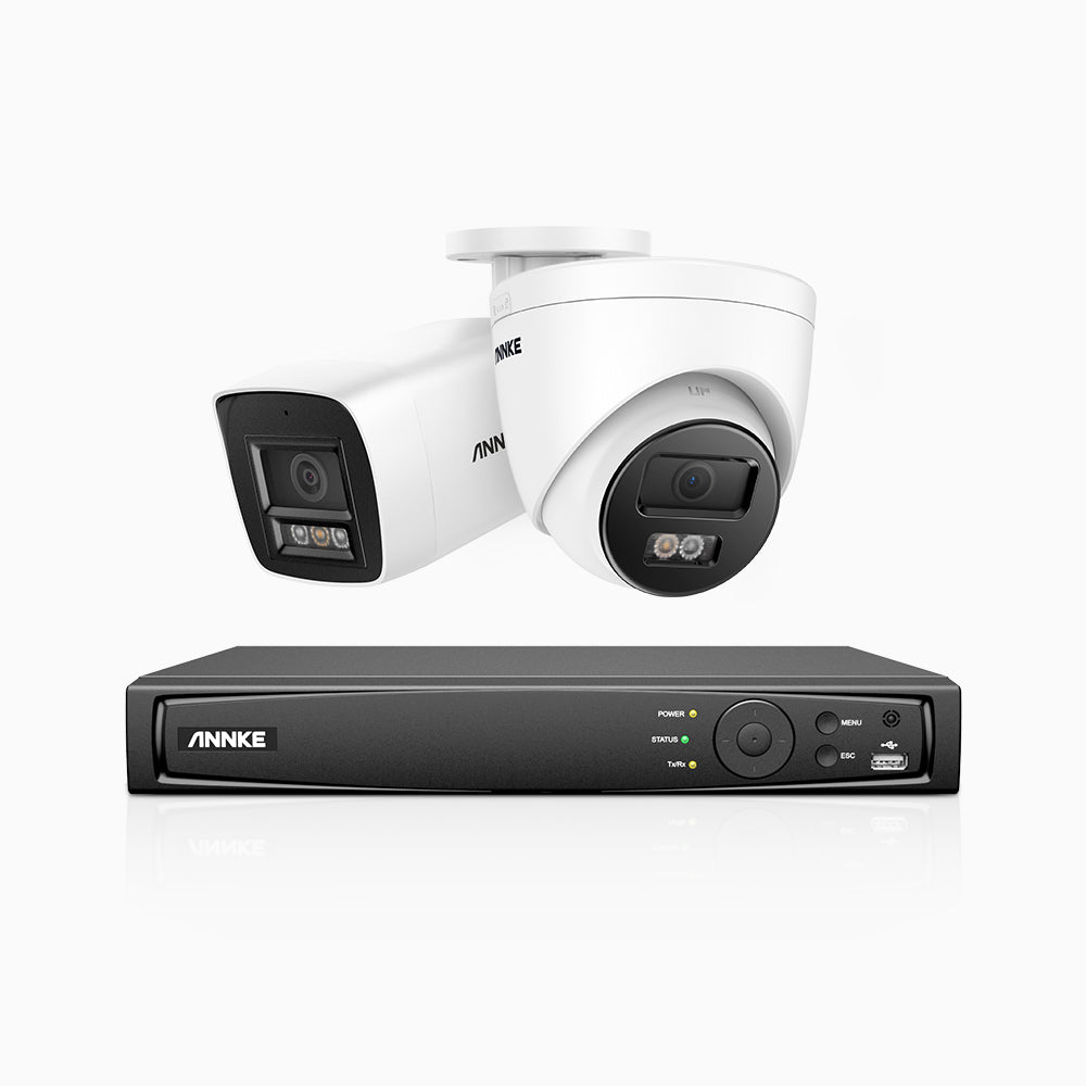 H800 - Kit de surveillance PoE 4K à 4 canaux avec 1 caméra bullet et 1 caméra tourelle, vision nocturne en couleur et infrarouge, Détection Personne-Véhicule, Microphone intégré, Champ de vision de 96°, RTSP et ONVIF pris en charge