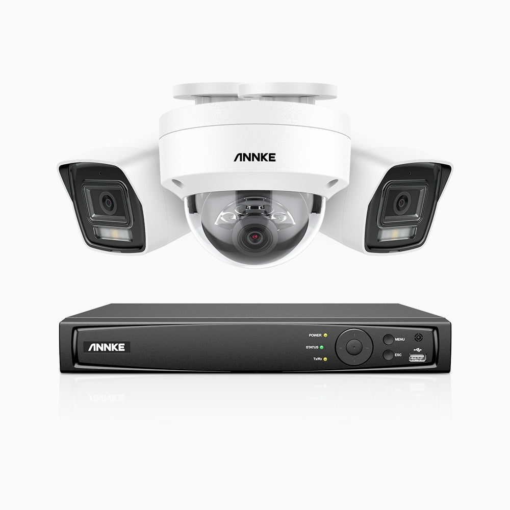 H800 - Kit de surveillance PoE 4K à 4 canaux avec 2 caméras bullet et 1 caméra dôme, anti-vandalisme IK10, vision nocturne en couleur et infrarouge, Détection Personne-Véhicule, Microphone intégré, Champ de vision de 96°, RTSP et ONVIF pris en charge