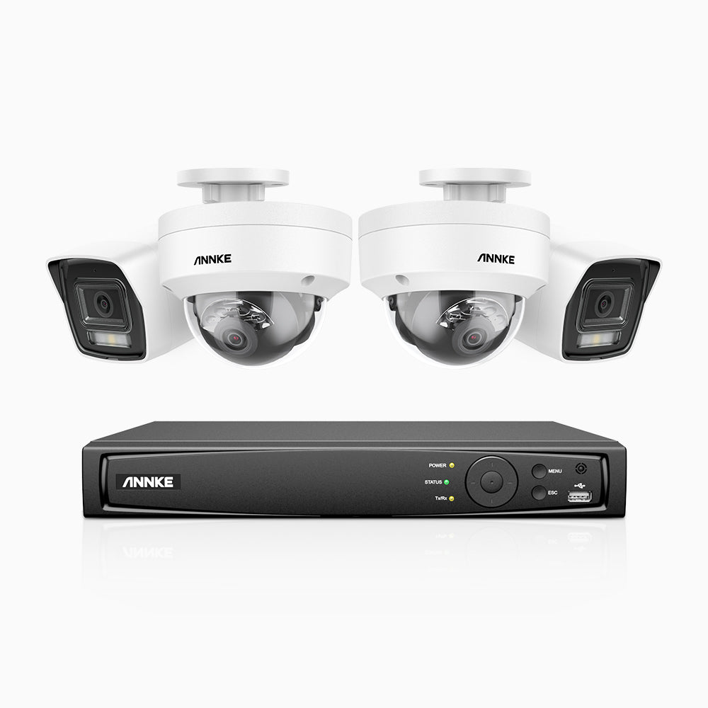 H800 - Kit de surveillance PoE 4K à 4 canaux avec 2 caméras bullet et 2 caméras dôme, anti-vandalisme IK10, vision nocturne en couleur et infrarouge, Détection Personne-Véhicule, Microphone intégré, Champ de vision de 96°, RTSP et ONVIF pris en charge