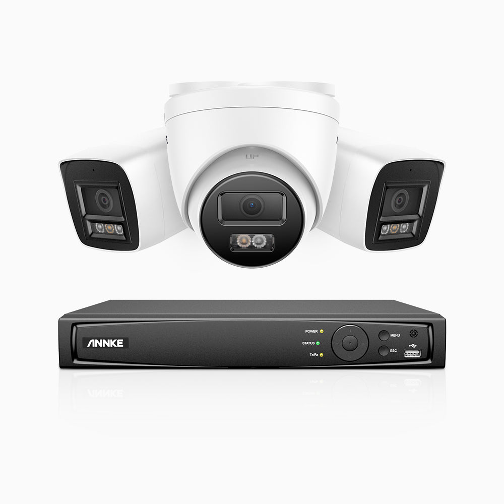 H800 - Kit de surveillance PoE 4K à 4 canaux avec 2 caméras bullet et 1 caméra tourelle, vision nocturne en couleur et infrarouge, Détection Personne-Véhicule, Microphone intégré, Champ de vision de 96°, RTSP et ONVIF pris en charge