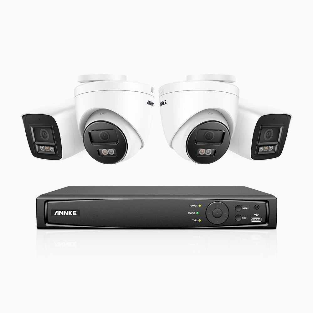 H800 - Kit de surveillance PoE 4K à 4 canaux avec 2 caméras bullet et 2 caméras tourelle, vision nocturne en couleur et infrarouge, Détection Personne-Véhicule, Microphone intégré, Champ de vision de 96°, RTSP et ONVIF pris en charge