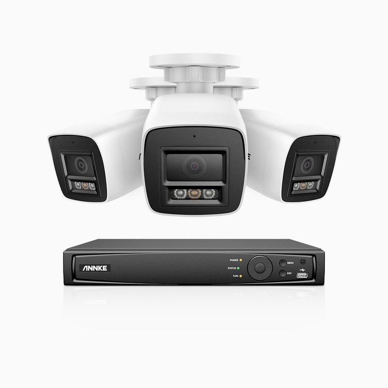 H800 - Kit de surveillance PoE 4K à 4 canaux avec 3 caméras, vision nocturne en couleur et infrarouge, Détection Personne-Véhicule, Microphone intégré, Champ de vision de 96°, RTSP et ONVIF pris en charge