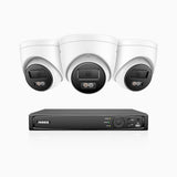 H800 - Kit de surveillance PoE 4K à 4 canaux avec 3 caméras, vision nocturne en couleur et infrarouge, Détection Personne-Véhicule, Microphone intégré, Champ de vision de 96°, RTSP et ONVIF pris en charge