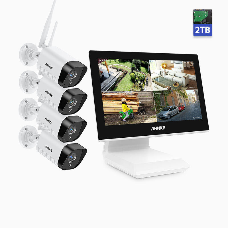 WL300 - Kit caméra de surveillance sans fil 2K avec écran, 4 canaux et 4 caméras, Portée Wi-Fi de 270 m, Disque dur intégré de 2 To, Micro intégré, Fonctionne avec Alexa