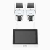 WTB400 - Kit de vidéosurveillance sans fil 4MP avec écran 12", NVR 4 canaux et 2 caméras solaires, détection de mouvement, audio bidirectionnel, batterie rechargeable 9000 mAh, rotation 270° et inclinaison 90°, compatible Alexa