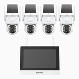 WTB400 - Kit de vidéosurveillance sans fil 4MP avec écran 12", NVR 4 canaux et 4 caméras solaires, détection de mouvement, audio bidirectionnel, batterie rechargeable 9000 mAh, rotation 270° et inclinaison 90°, compatible Alexa