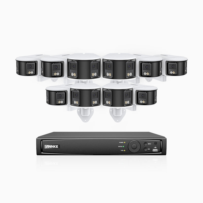 FDH600 - Kit de surveillance PoE 6MP à 16 canaux avec 10 caméras, double objectif, ultra grand angle 180°, super ouverture f/1.2, micro intégré, sirène et alarme actives, Détection Intelligente de Mouvement